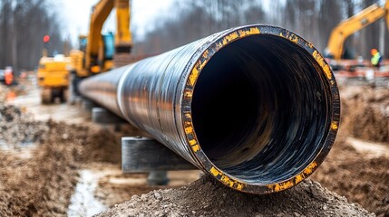 Pipeline Installation in Rural Landscape with Heavy Machinery