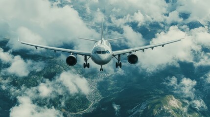 Commercial airplane in flight, with a mountainous landscape and a cloudy sky in the background