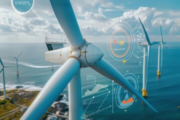 A panoramic view of an offshore wind farm with a data overlay showing the annual energy output and the number of homes powered by the turbines.