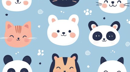 Fototapeta premium Cute Cartoon Animal Faces on a Blue Background