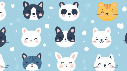 Cartoon Animal Faces Pattern on a Blue Background