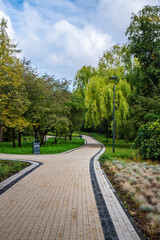 Scenic Park Pathway Curves Through Lush Greenery Under Cloudy Sky in Autumn