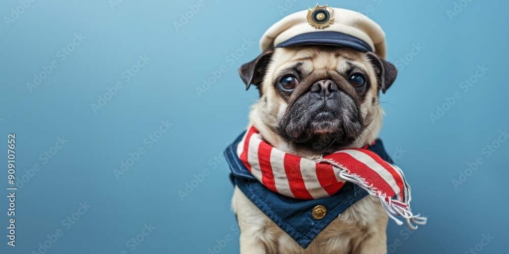 Poster charming pug sailor ready to set sail - space for text side inserts