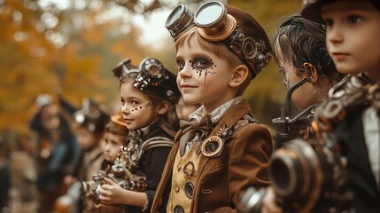 Steampunk Halloween with kids in mechanical makeup, acting out steam-powered adventures, vintage look, brown hues.--s 450