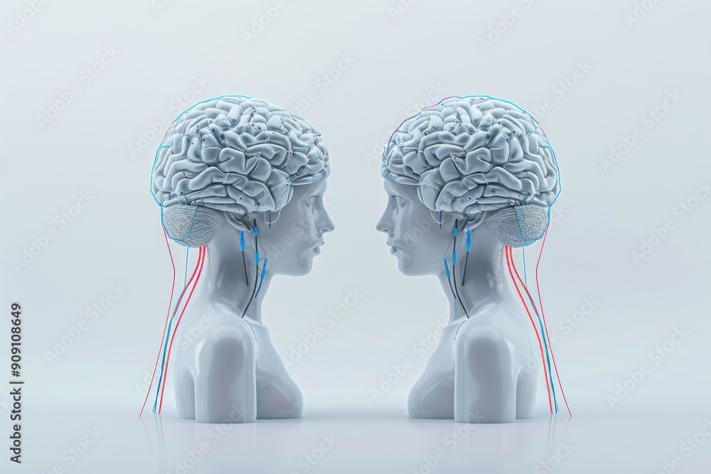 Poster two abstract human figures with brain models facing each other, showcasing neural connections and te