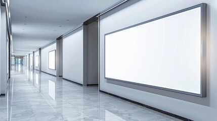 Empty White Billboard in a Modern Hallway with Marble Floor