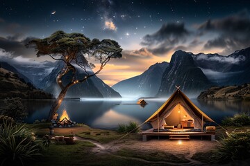 Serene Campsite Oasis: Tent and Campfire by Lake under Starry Night Sky - Peaceful and Inspiring Outdoor Adventure