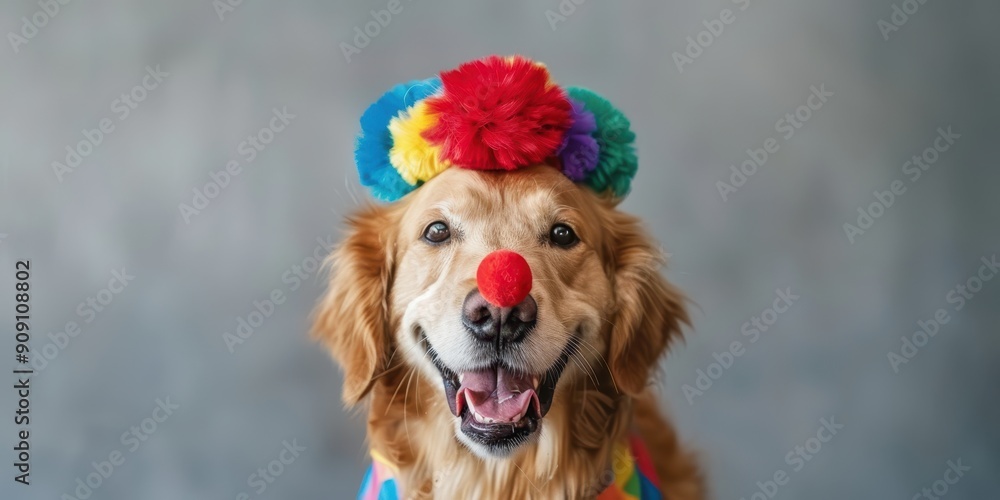 Poster happy golden retriever posing as a clown with colorful wig and red nose on plain background for text