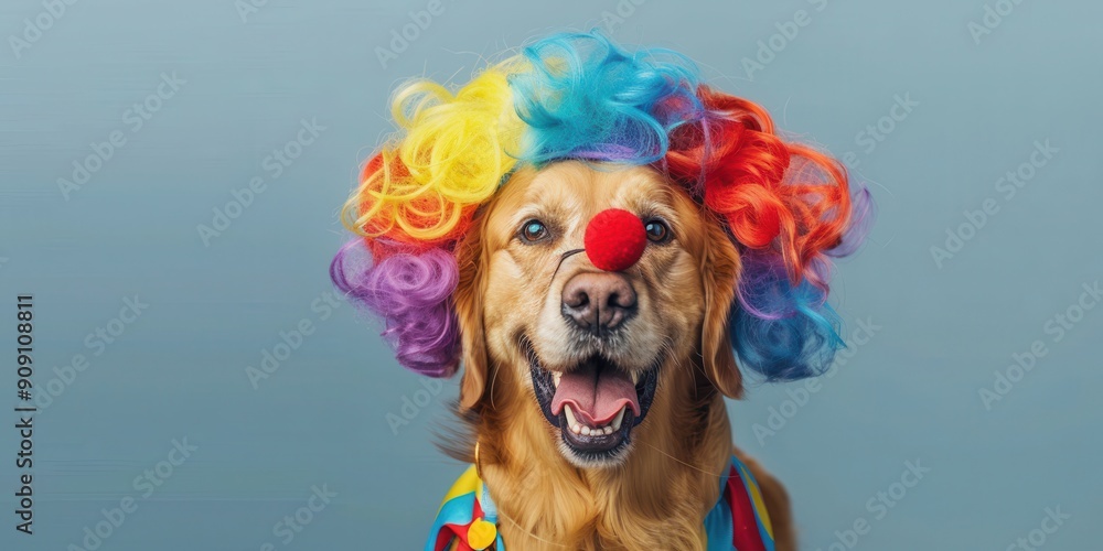 Poster happy golden retriever posing as a clown with colorful wig and red nose on plain background for text