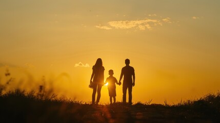 Fototapeta premium Silhouette of a family standing together against a sunset.