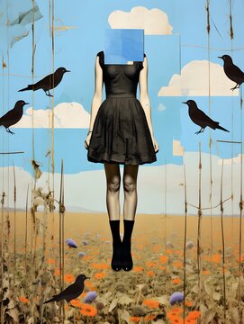 Surreal Art of Woman with Birds in Open Field