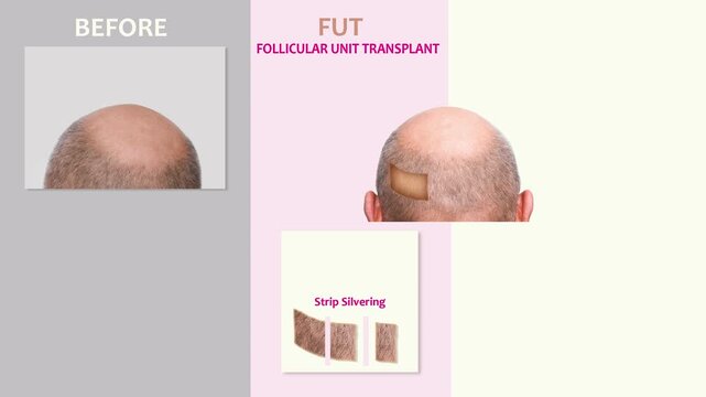 2D animation.Methods of hair transplantation FUT and FUE fue with transplant as infographic element of illustration. Human alopecia or hair loss problem on adult man. Before after concept