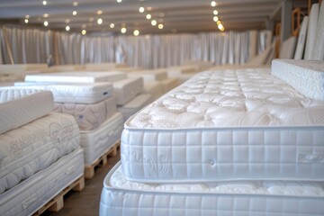 Mattress Store Assortment. White Mattresses exhibition, bright showroom, nobody