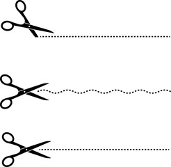 Scissors with cut dotted line vector illustration. Cut coupon. Snip ribbon. Black scissors isolated on white background.