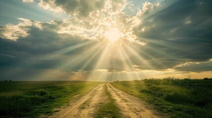 Sunlight breaking through clouds, illuminating a path.
