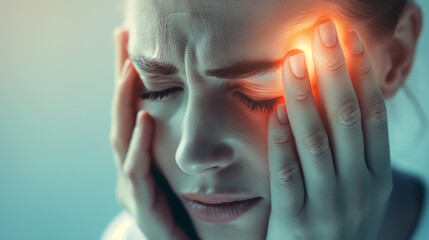 Woman with headache or migraine holding her head
