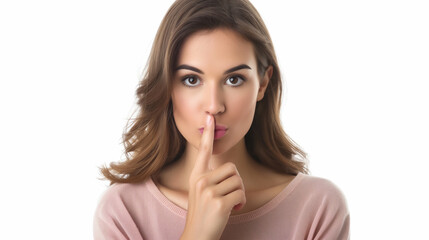 Naklejka premium Brunette woman showing a sign of silence with her finger