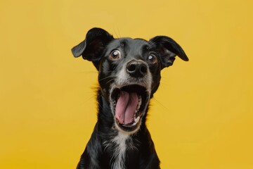 Surprised shocked dog face with open mouth and big eyes isolated solid color background