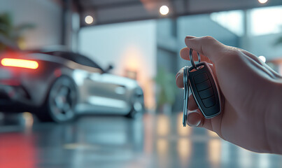 Young male getting her key in the car. Concept of rent car or buying car