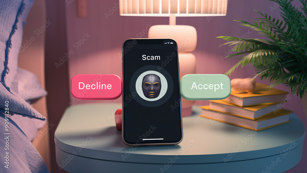 Aufkleber Smartphone Displaying Scam Call Alert with Large Decline and Accept Buttons - Digital Fraud Notification, Online Security Warning, Hoax Prevention, Illegal Activity Detection, Cybersecurity Measures