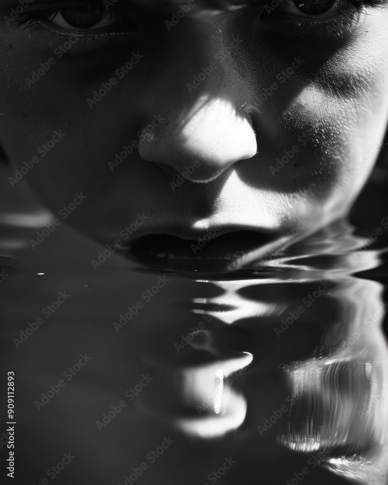 Poster close up of a boy s face partially submerged in water, creating a dramatic reflection in black and w