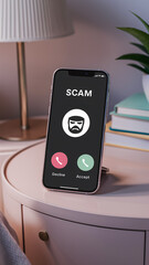 Smartphone Displaying Scam Call Alert on Bedroom Nightstand - Digital Fraud Detection, Online Security Warning, Hoax Prevention, Illegal Activity Notification, Cybersecurity Measures in Home Setting