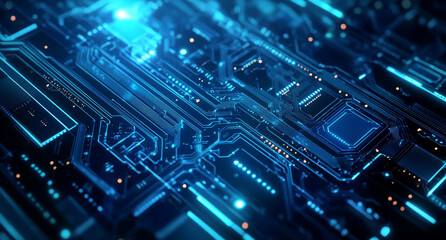 Fototapeta premium Close-up of a futuristic blue circuit board with glowing lines and components, representing advanced technology and digital innovation. 