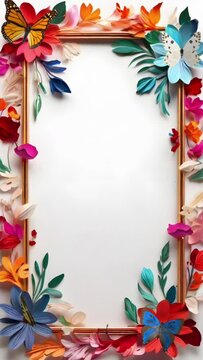 Frame with colorful flower and butterfly decoration. Seamless 4K looping timelapse video animation generated AI