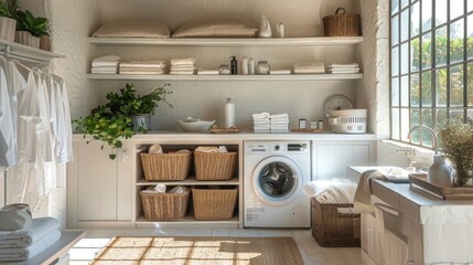 Neat and Tidy Laundry Room with Ample Storage Space and Sunlit Ambiance