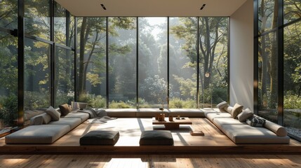 Fototapeta premium Serene Minimalist Living Room with Spacious Windows and Chic Coffee Table