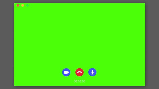 single monitor Video Call meeting conference interface animation with single large monitor. Group conference PC screen. Remote call and chat in team. Virtual education. Green screen chroma key