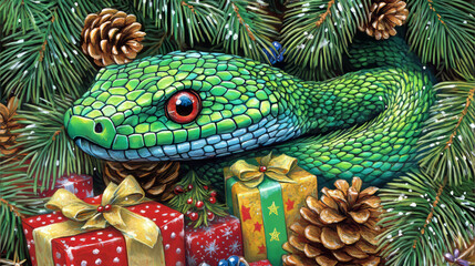 Fototapeta premium A green snake curled up among red Christmas gifts and festive lights, creating an unusual and striking holiday scene. 