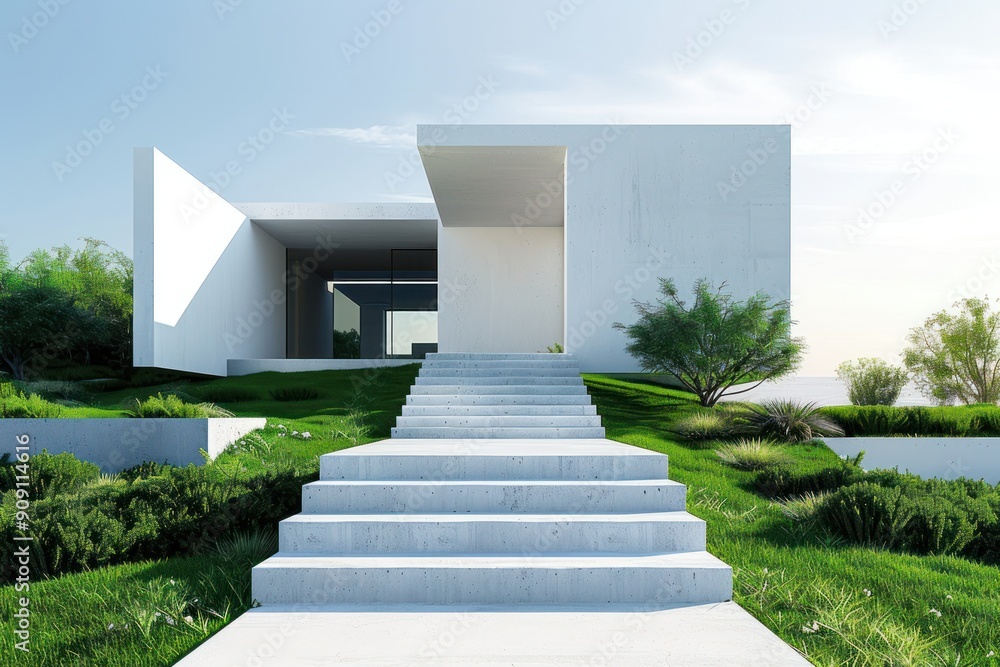 Poster A white house with a large staircase leading up to it. The house is surrounded by a lush green lawn and trees