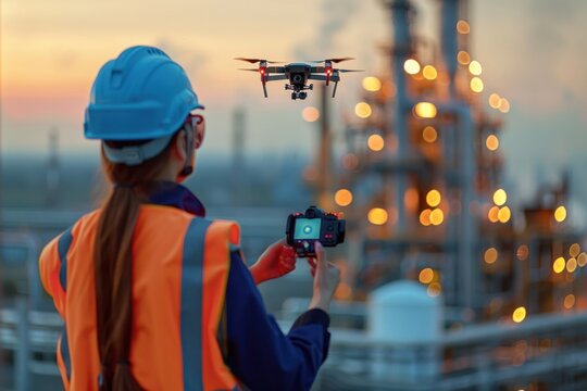 A woman in a safety vest is holding a camera and taking a picture of a drone flying in the sky
