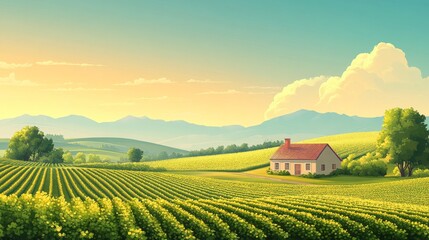 Obraz premium A Small Cottage Nestled Amidst Rolling Green Hills and a Field of Yellow Flowers