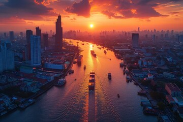 A city skyline with a river running through it and a sunset in the background. The city is bustling with activity and the water is calm