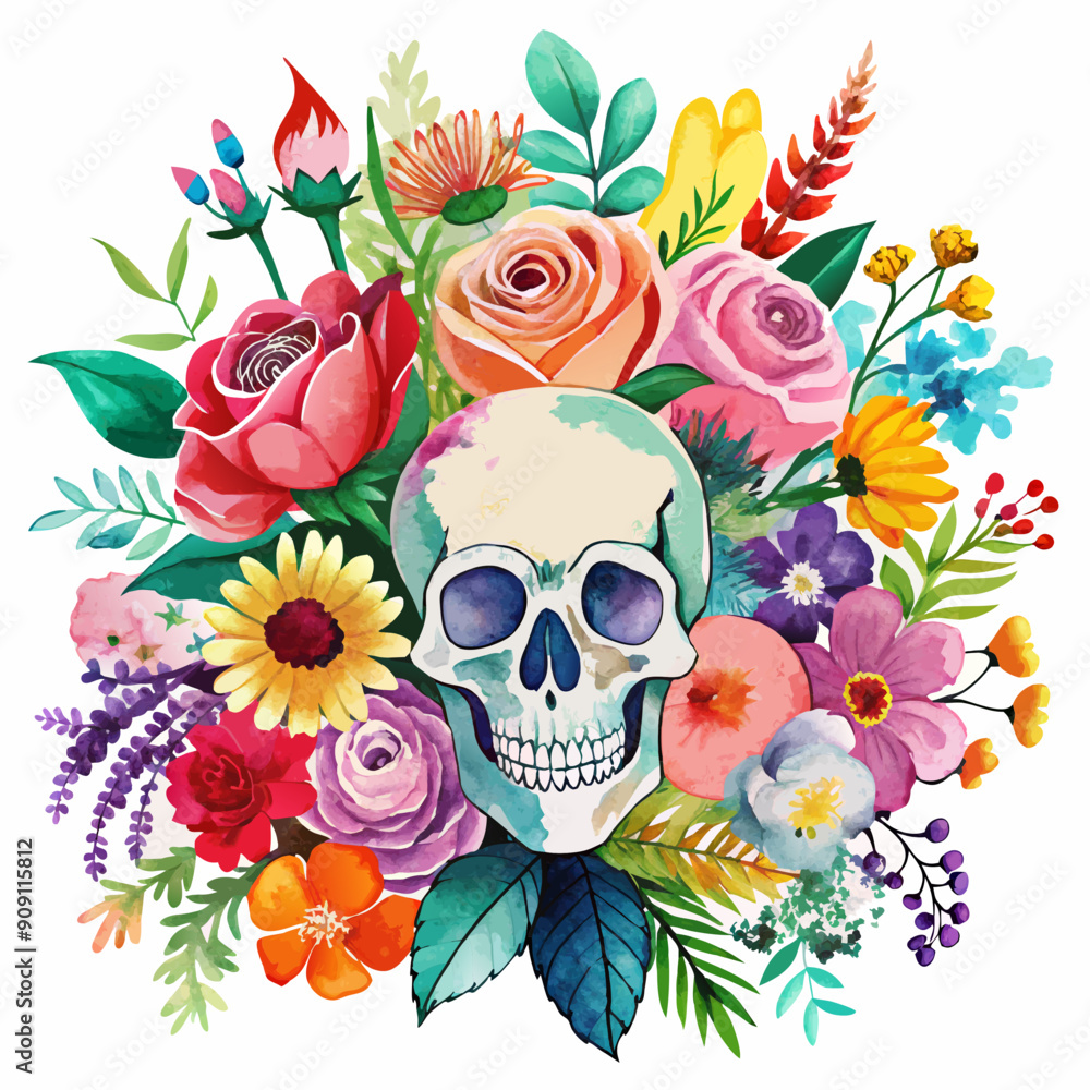 Sticker colorful bouquet of flowers for skull vector illustration