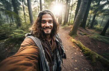 Naklejka premium Capturing the essence of his woodland adventure, a hiker snaps a selfie amidst the lush forest trails, blending nature and self-expression seamlessly.Generated image