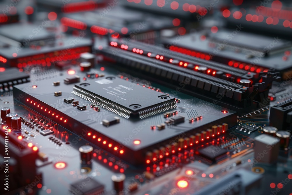 Poster a computer chip is lit up with red lights. the chip is surrounded by other computer chips and wires