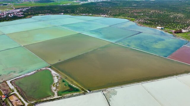 Extracting salt works, saltern pond or open salt evaporation ponds, aerial