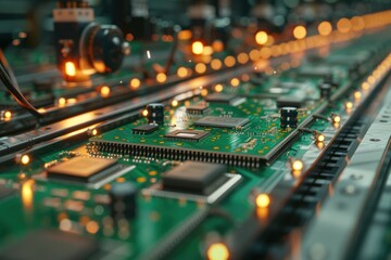 Obraz premium A computer chip is being manufactured in a factory. The image is a close up of the chip, showing the intricate details of the circuit board. Scene is one of precision and complexity