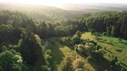 Flying over gorgeous green landscape with green forests and meadows on hills