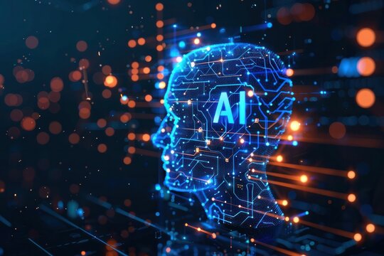 A blue head with a red outline of a brain with the word AI written on it. The image has a futuristic and technological feel to it