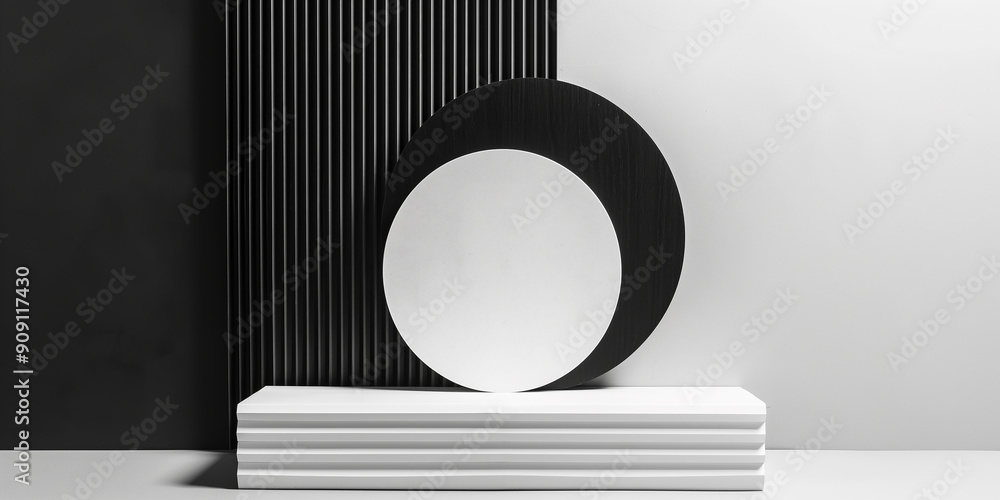 Poster minimalist black and white empty platform with geometric shapes for product presentation