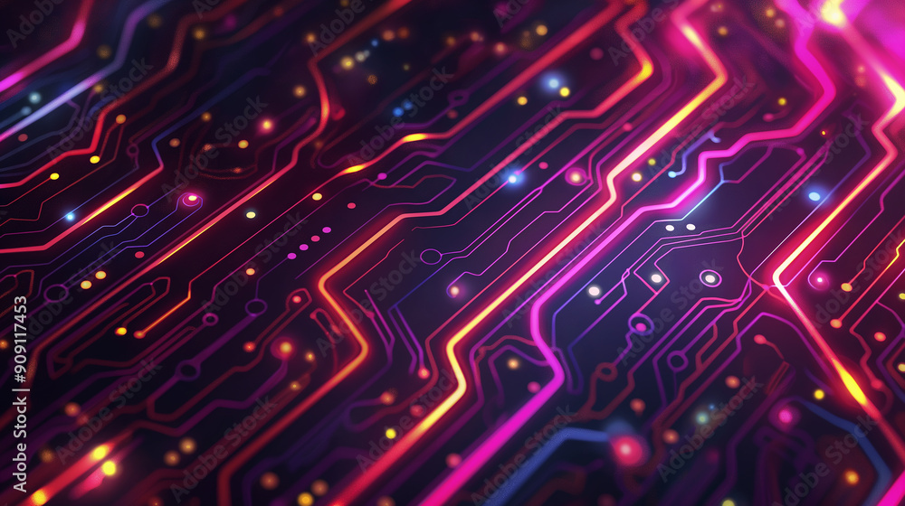 Poster Electronic printed circuit board close up showing data flowing
