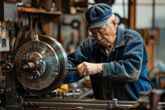A man in a blue jacket is working on a machine. He is wearing a hat and glasses