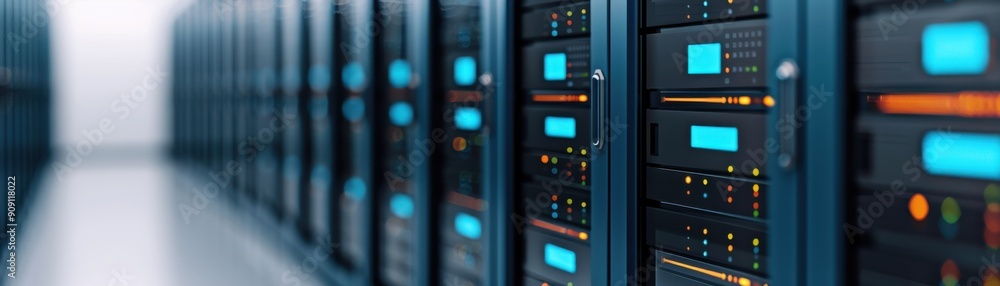 Poster a modern data center interior showcasing rows of high-performance servers with illuminated indicator