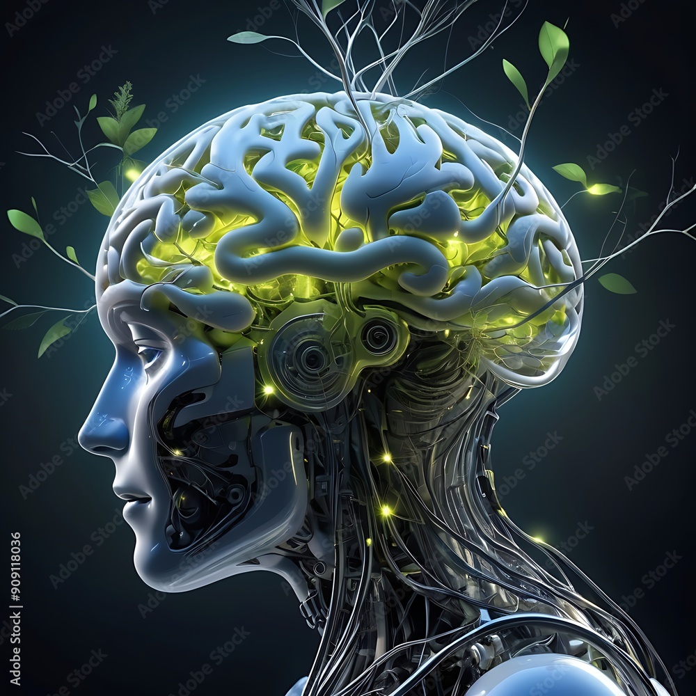 Poster robotic head with exposed brain and glowing neural connections. suitable for scifi concepts, technol