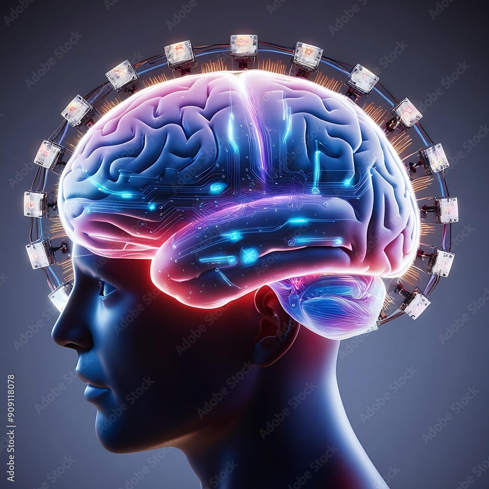 Poster robotic head with exposed brain and glowing neural connections. suitable for scifi concepts, technol