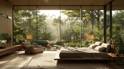 Fototapeta premium A modern bedroom with a serene garden view, featuring floor-to-ceiling windows, natural materials, and a tranquil color scheme.